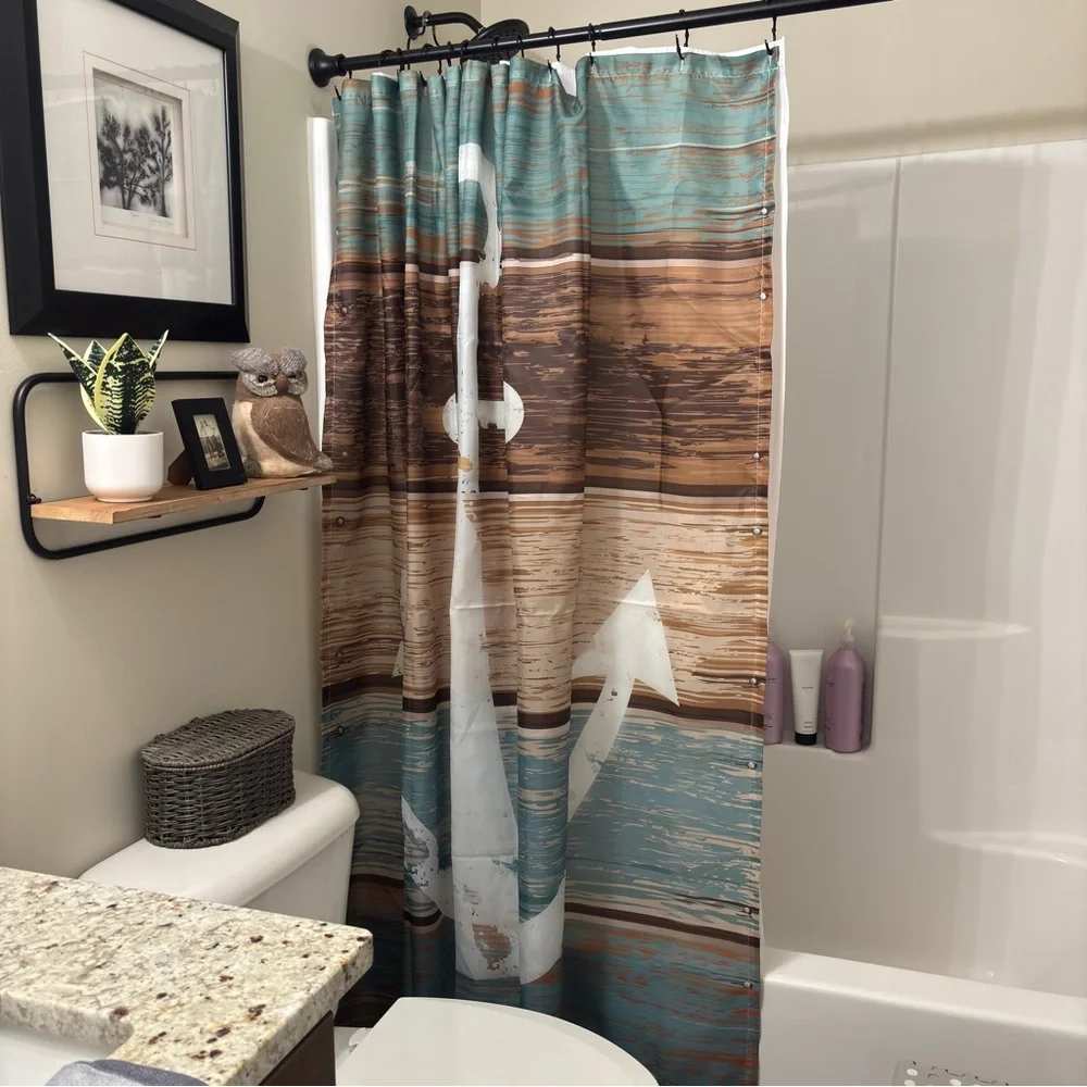 Nautical shower curtain large anchor on rustic board background water resistant